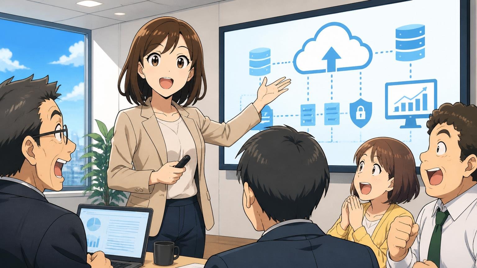 外資ITベンダーの東京オフィスでクラウド製品のプレゼンをする30代の女性ソリューションアーキテクト1人