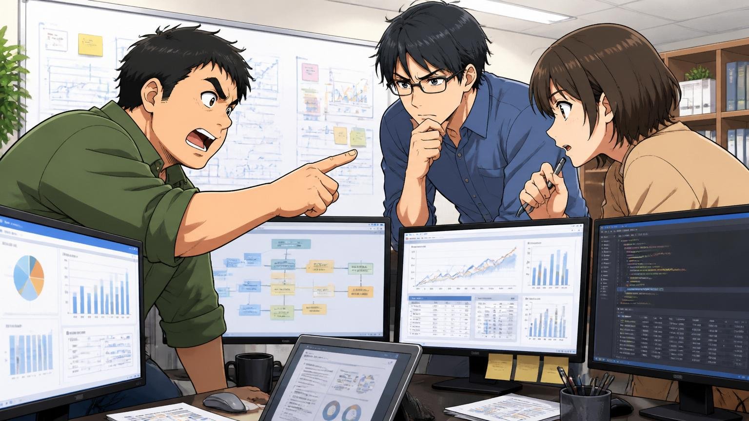 SIerの開発現場で複数のディスプレイを前にエンジニア3人が事業内容を分析する場面。企業研究の真剣な空気
