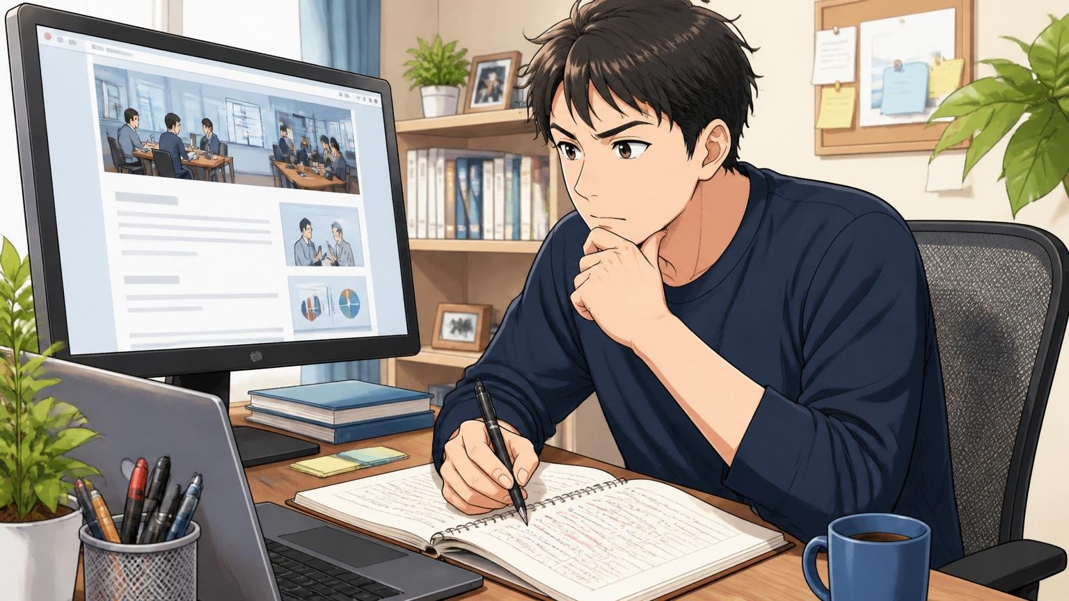 志望動機を整理し直すため企業ブログを読み込むエンジニア、自宅のデスクでメモを取る20代後半男性1人