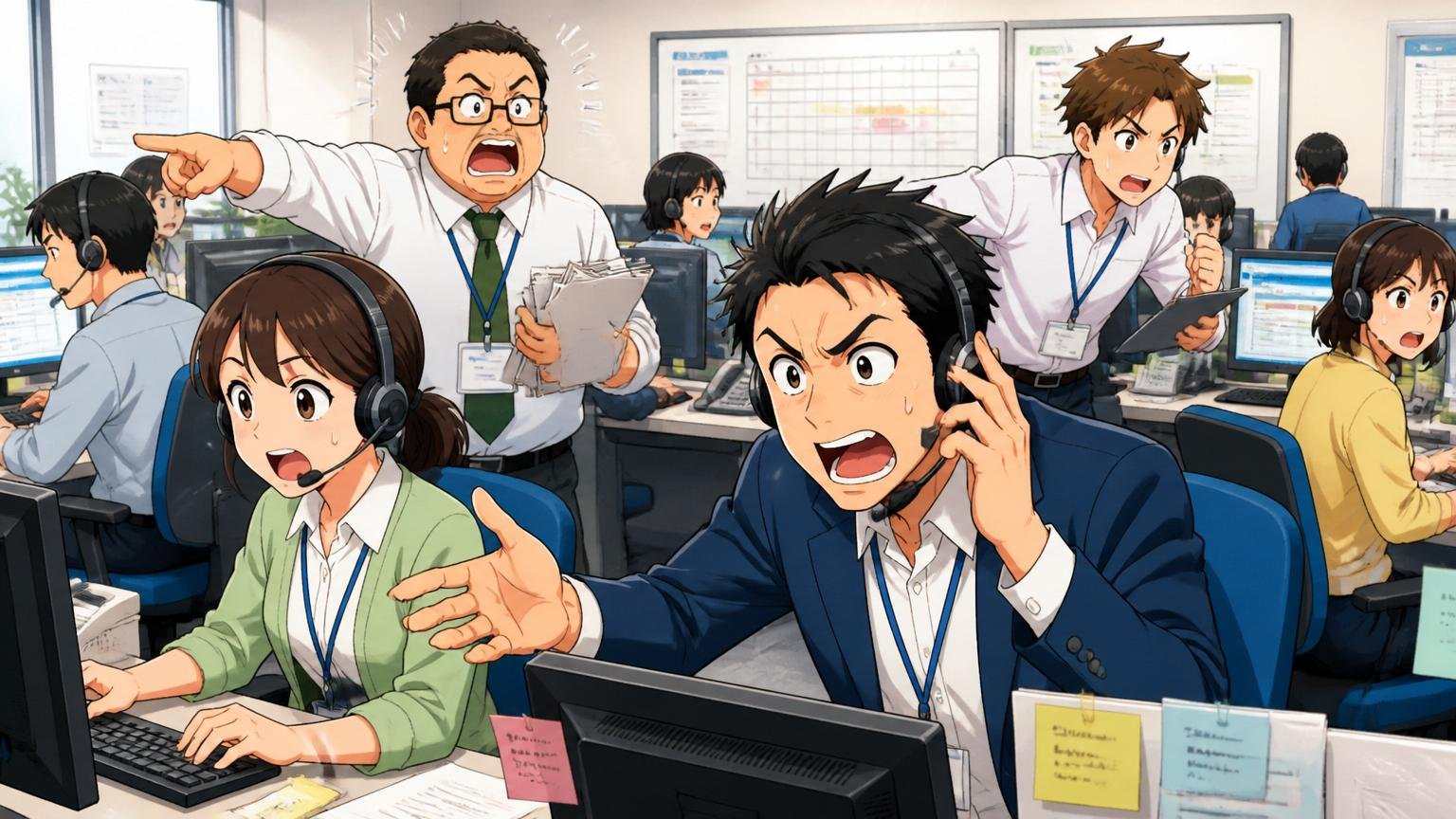 企業のコンタクトセンターのフロアで複数のオペレーターと運用担当者が忙しく動き回る