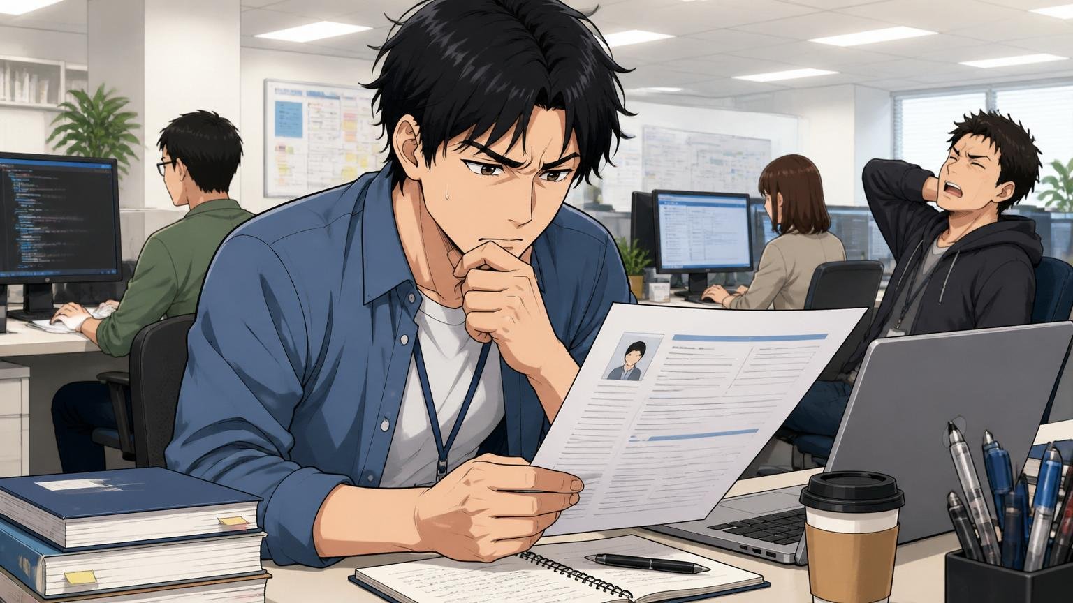 SIerの開発現場のオフィスで職務経歴書を見つめる30代男性エンジニアが厳しい表情で考え込む
