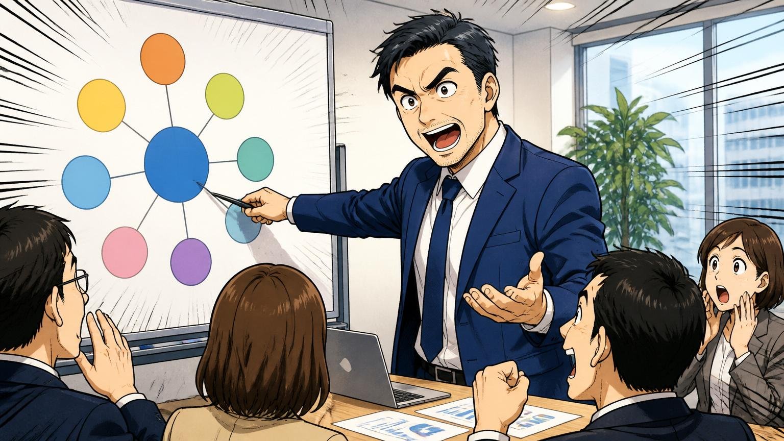 行動指針「8 RULES」が評価の中心軸である理由 / コンサルティング会社の会議室で資料を指し示す40代男性1人、熱意ある表情