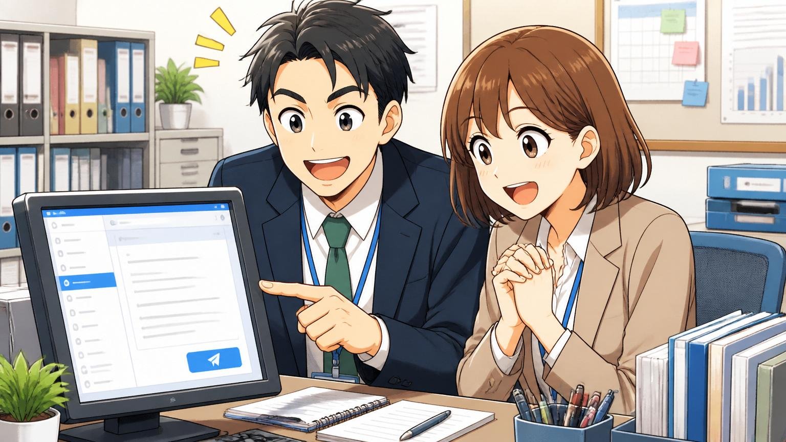 企業の人事部のデスクで採用担当者2人が定型メールを送信する画面を見ている