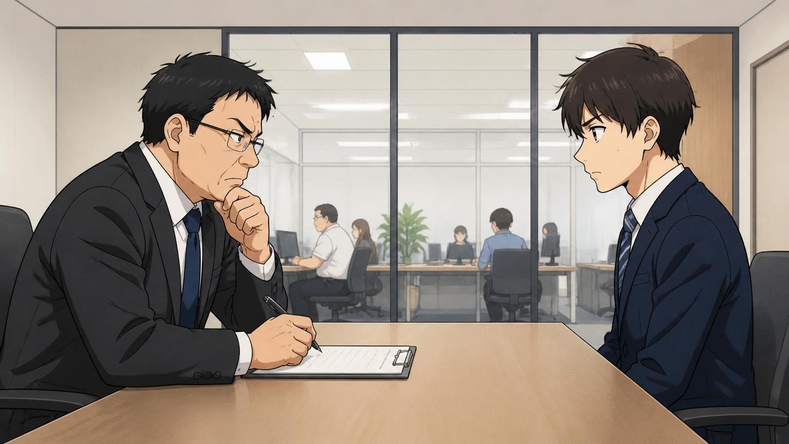 原因①ポジションとのフィットが合っていなかった BPO企業の会議室で面接官と応募者が向き合う 2人 真剣な表情
