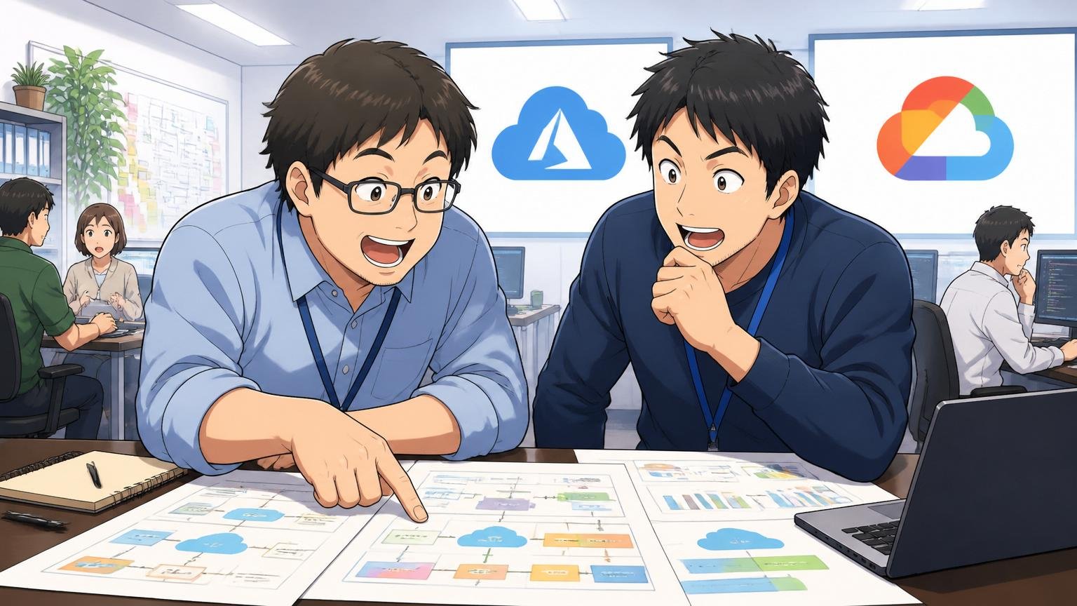 SIerの開発現場でMicrosoft AzureとMicrosoft 365のロゴを背景に提案資料を広げる中堅エンジニア二人