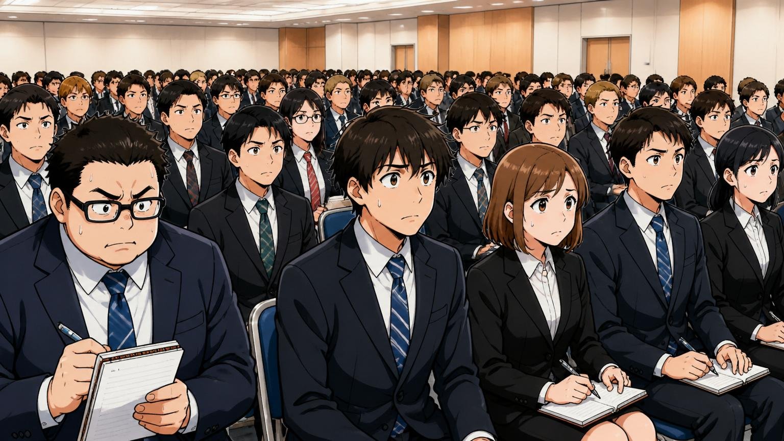 企業の採用説明会場で多数の応募者が一斉に着席している様子、緊張感のある雰囲気