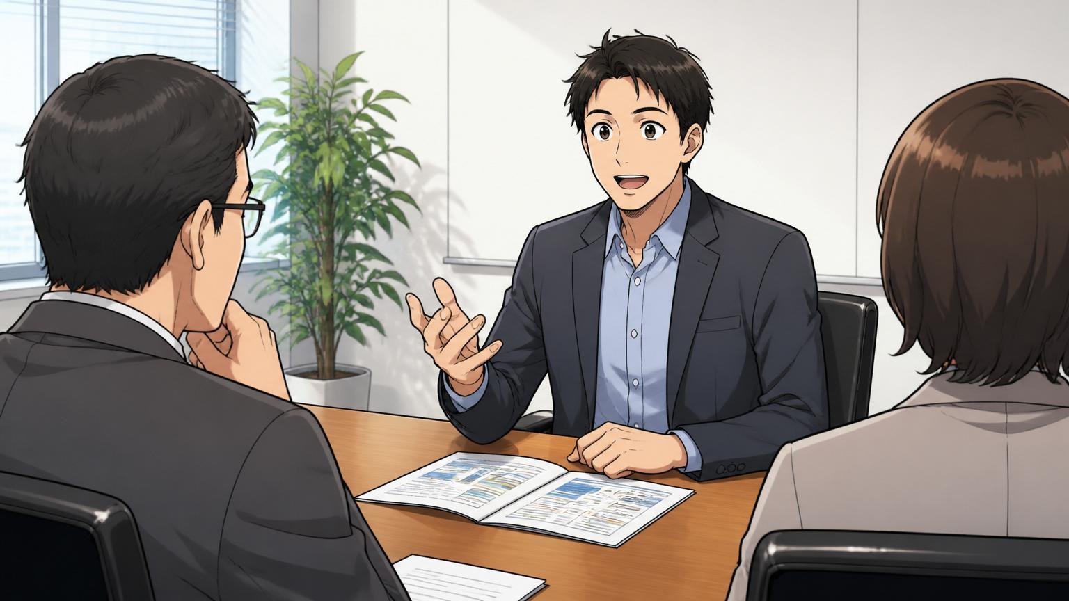 企業の会議室で面接を受ける30代前半のエンジニア1人が企業研究の資料を手元に置いて答えている