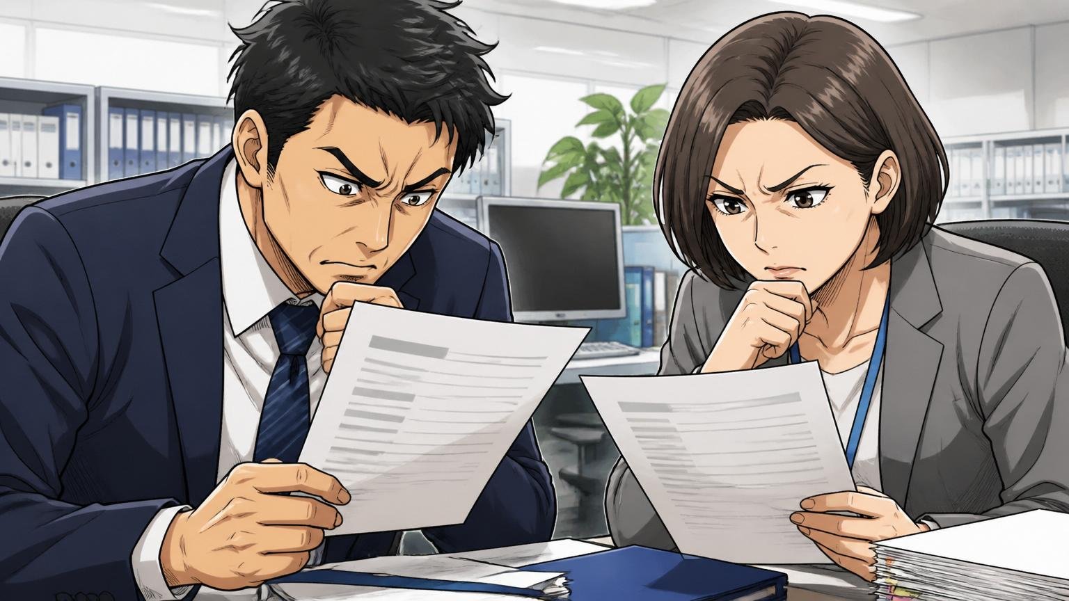 書類選考で落ちる人の特徴。SIerのオフィスで職務経歴書を厳しい表情で確認する採用担当者2人
