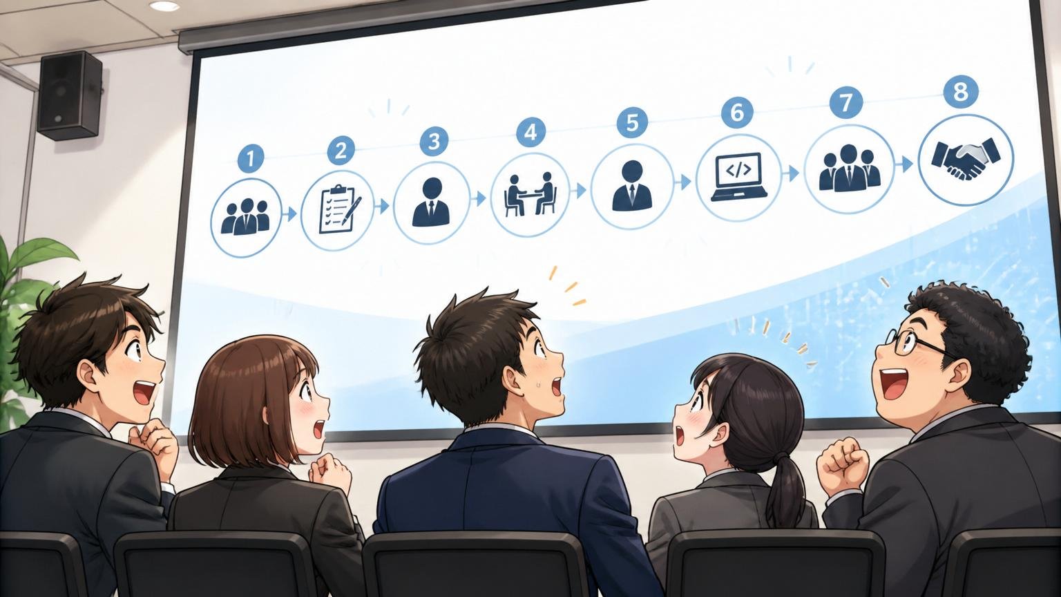 選考フローは全8ステップ、ES選考はない、IT企業の説明会会場で、就活生5人がプロジェクター画面を見上げる