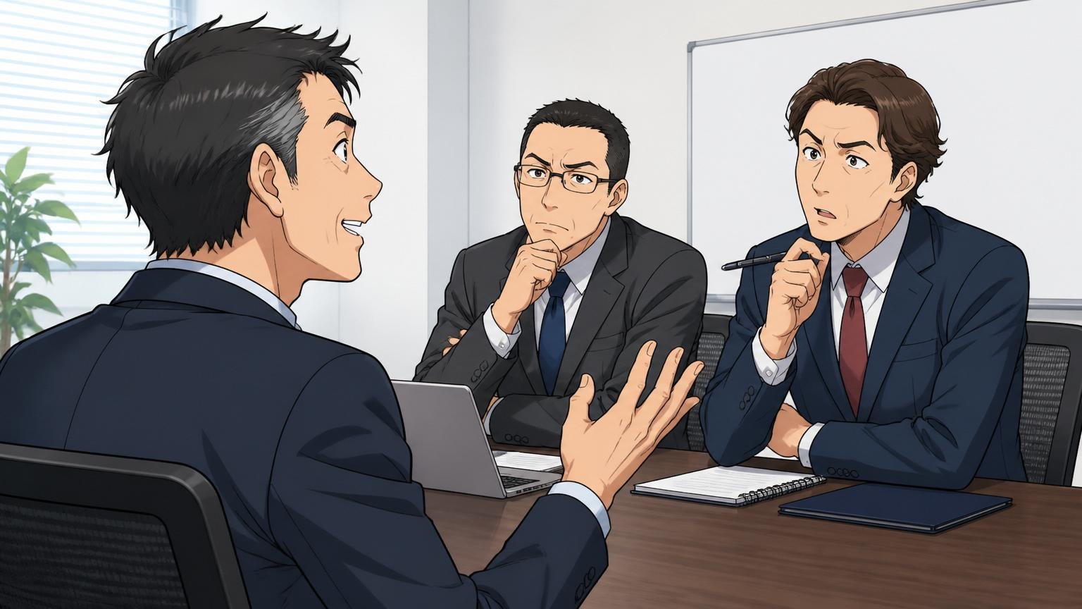 中途と新卒で難易度の感覚は違う／中堅SIerの会議室で面接／40代の中途応募者と面接官2名／落ち着いて経験を語る場面