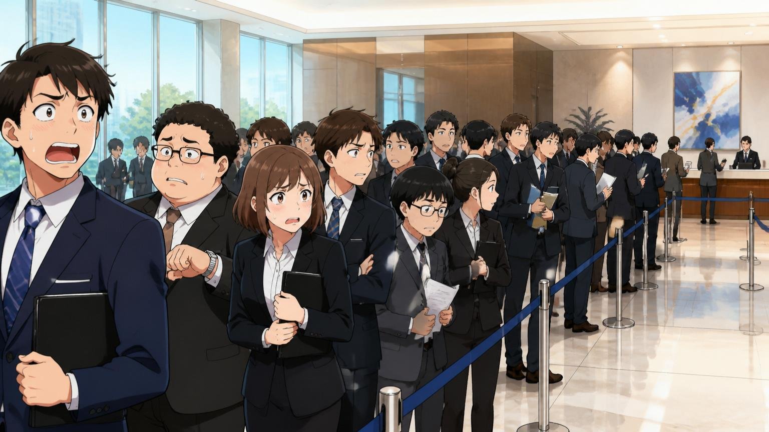 日本の大手企業ビルのロビーで多数の応募者が受付前に列をなす場面