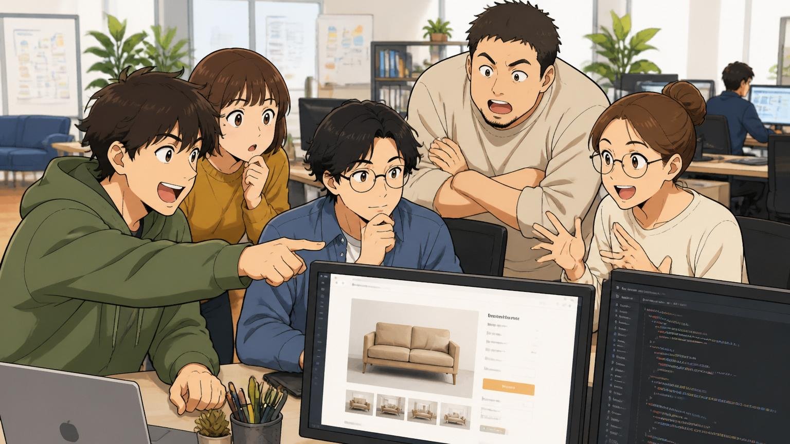 福岡の家具EC企業のオフィスで複数の20代30代エンジニアとデザイナーがモニター越しに商品ページを確認しながら議論する