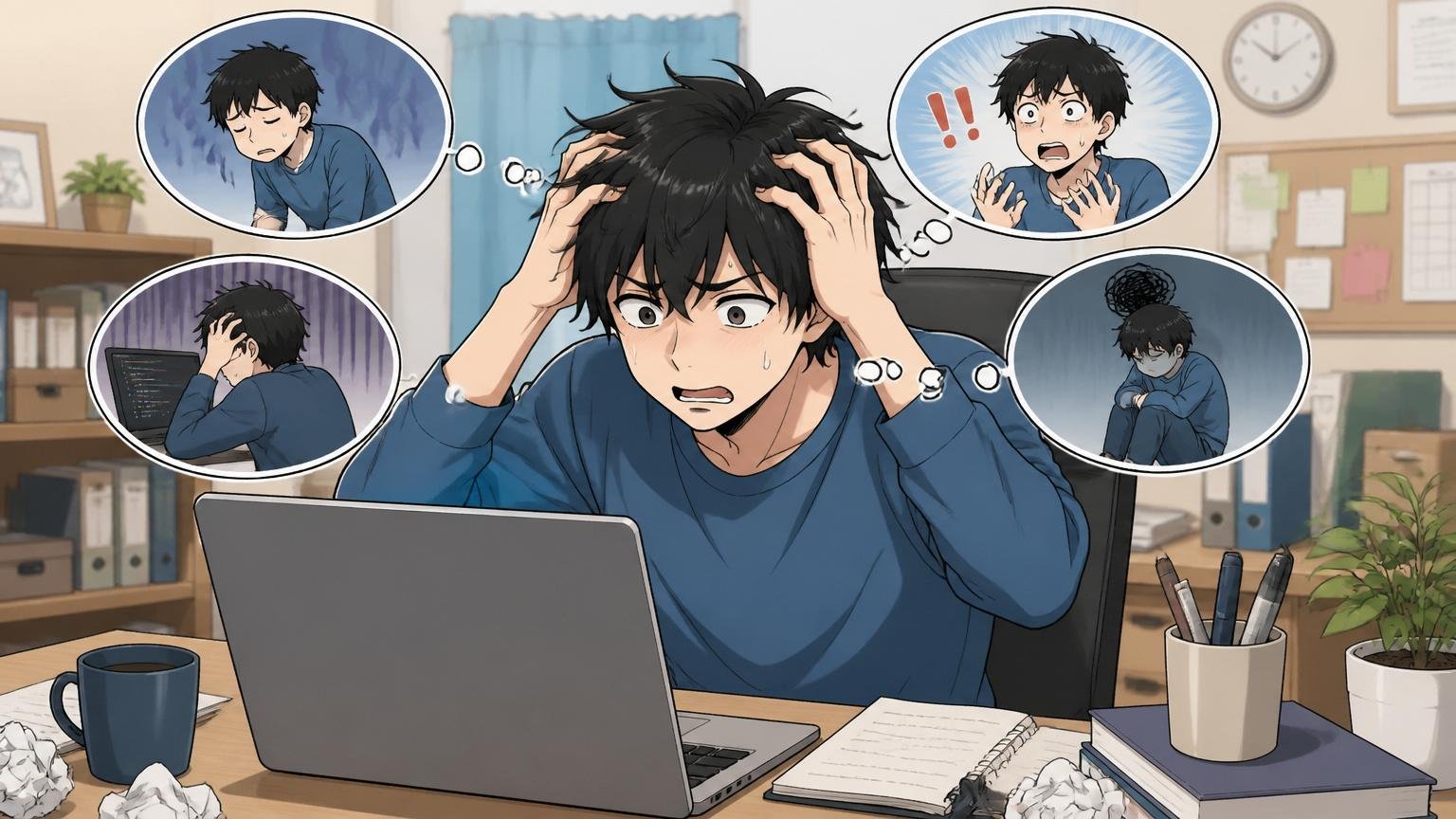 自分はエンジニアとして通用しないのではという勘違い。自宅のデスクで在宅勤務中の20代後半男性1人が頭を抱えている