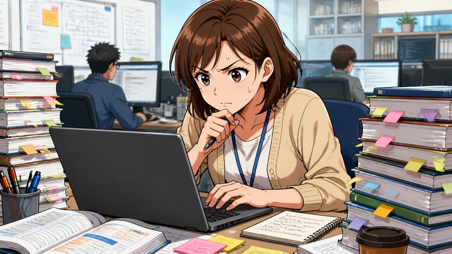 SIerの開発現場で職務経歴書をパソコン画面で書き直す30代女性エンジニア1人と山積みの参考書