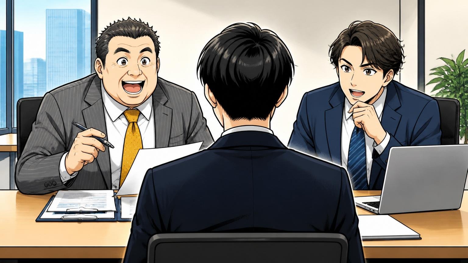 企業の会議室で面接、応募者1人と面接官2人が向き合うシーン、書類とノートPCが机にある
