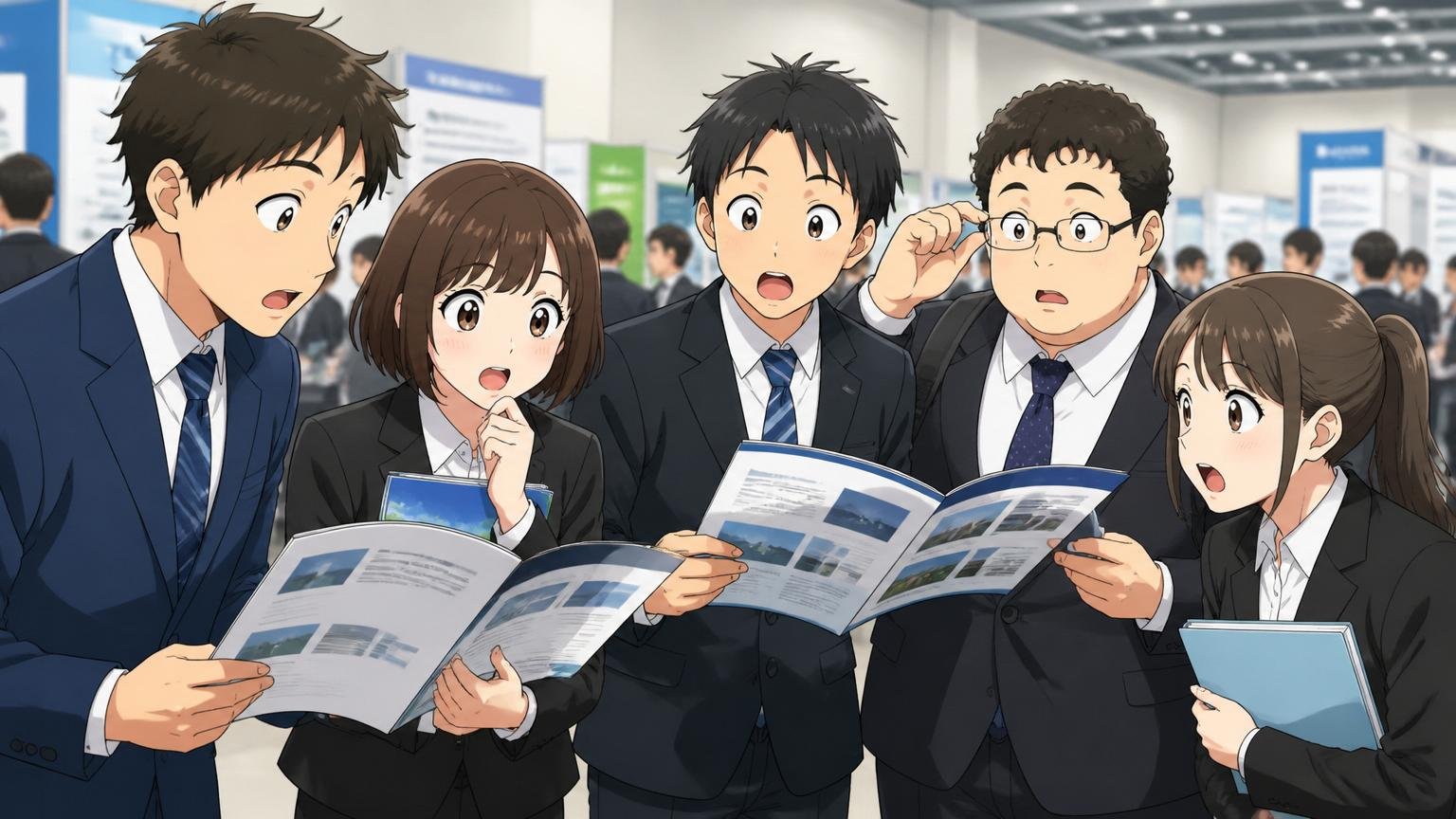 新卒採用の倍率は6.7倍。業界平均より高い水準。企業のホールで合同説明会に参加する大学生たちが資料を抱えている5人