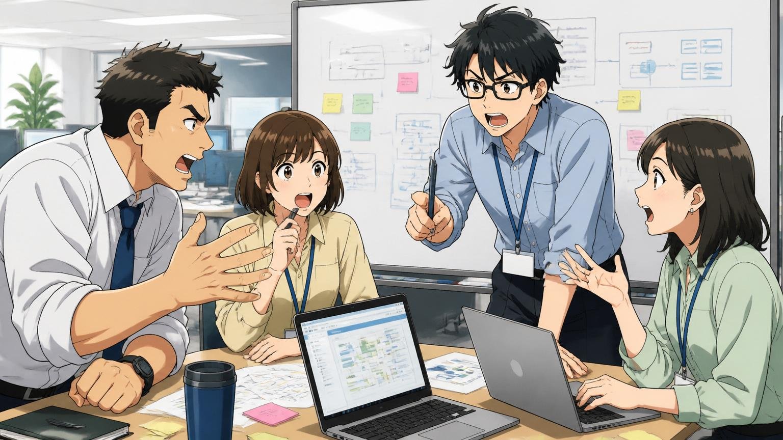 東京海上日動グループの内製IT部隊という立ち位置。金融系SIerのオフィスで男女混合4人。打ち合わせで議論する