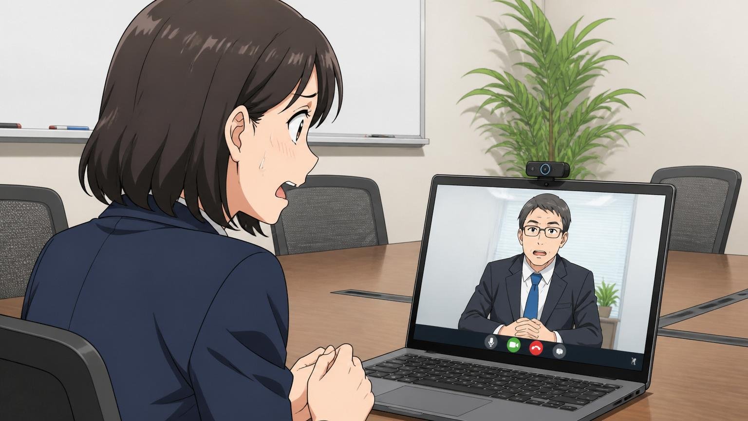 企業の会議室でオンライン面接を受けるエンジニア。SIerの面接シーンで、画面越しに話す30代女性が緊張した表情