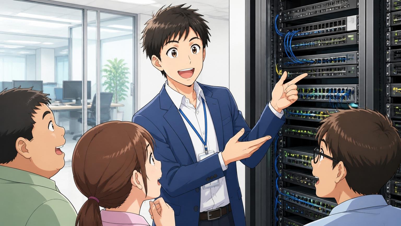 ネットワークインフラ企業の説明 IT企業のオフィスで機器を前に話す社員1人、明るい表情