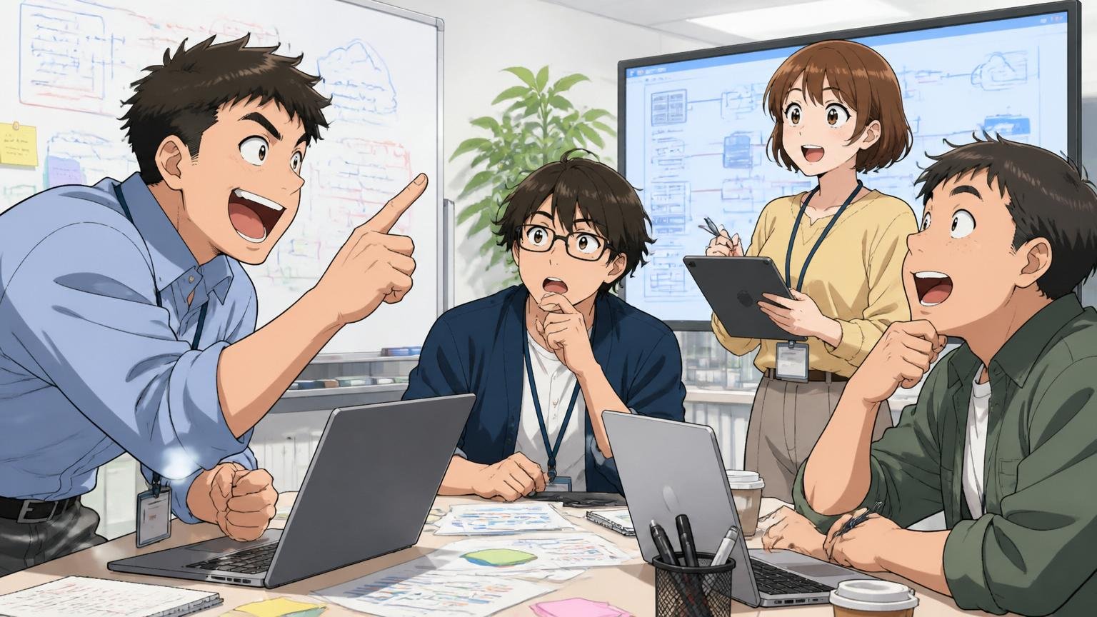 エクシオグループのSI中核会社という立ち位置。SIerのオフィスで打ち合わせする数名のエンジニア