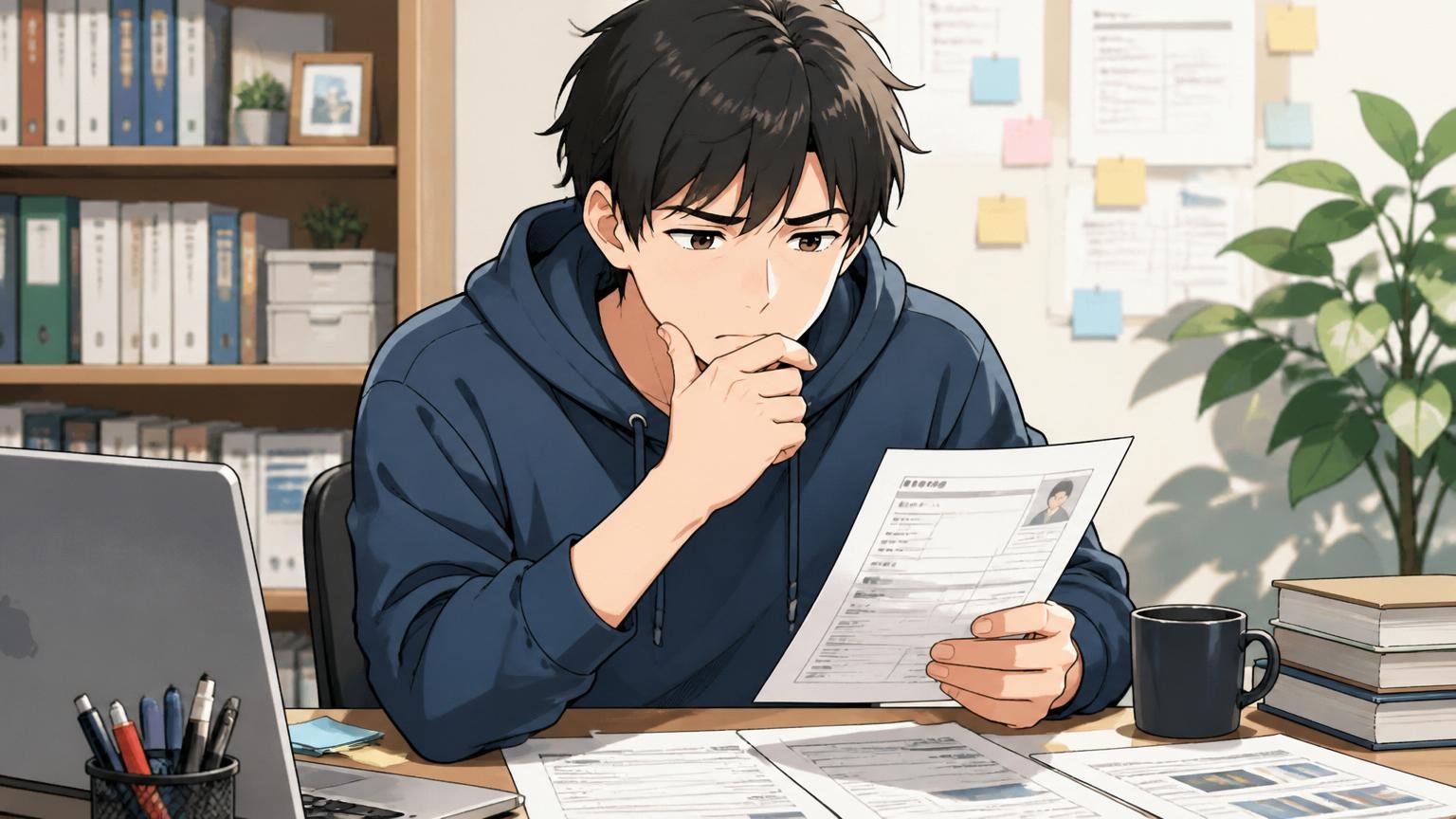 書類選考で落ちた場合は経歴の羅列になっていないか、自宅のデスクで職務経歴書を見直すエンジニア1人が考え込む表情