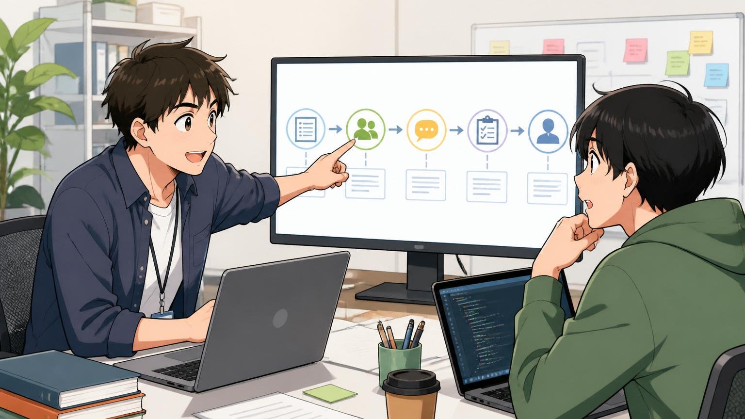 選考フローの図を指し示しながら説明する先輩エンジニアと聞き入る若手のIT企業オフィスの打ち合わせシーン