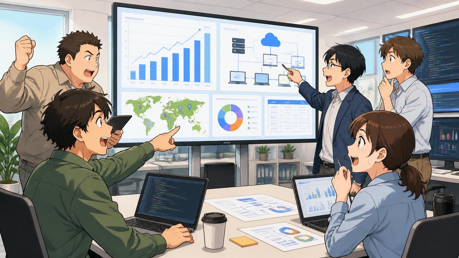 独立系SIerとしてのキューブシステムの事業と規模 SIerのオフィスで複数のエンジニアが大きな画面を見ながら打ち合わせ