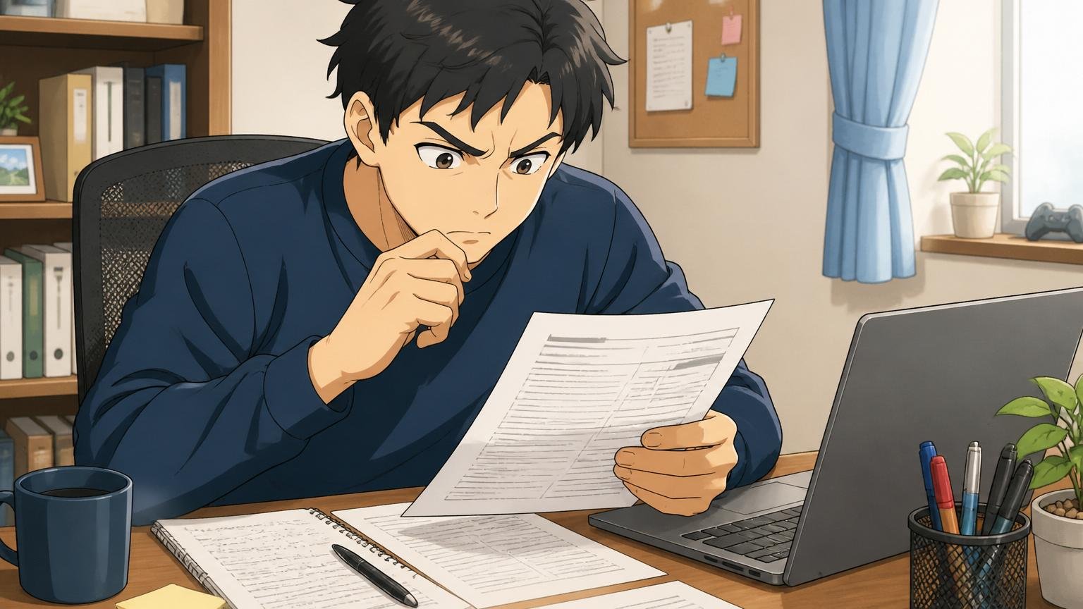 職務経歴書を見直す30代エンジニア、自宅のデスクで書類とノートPCを並べて真剣な表情