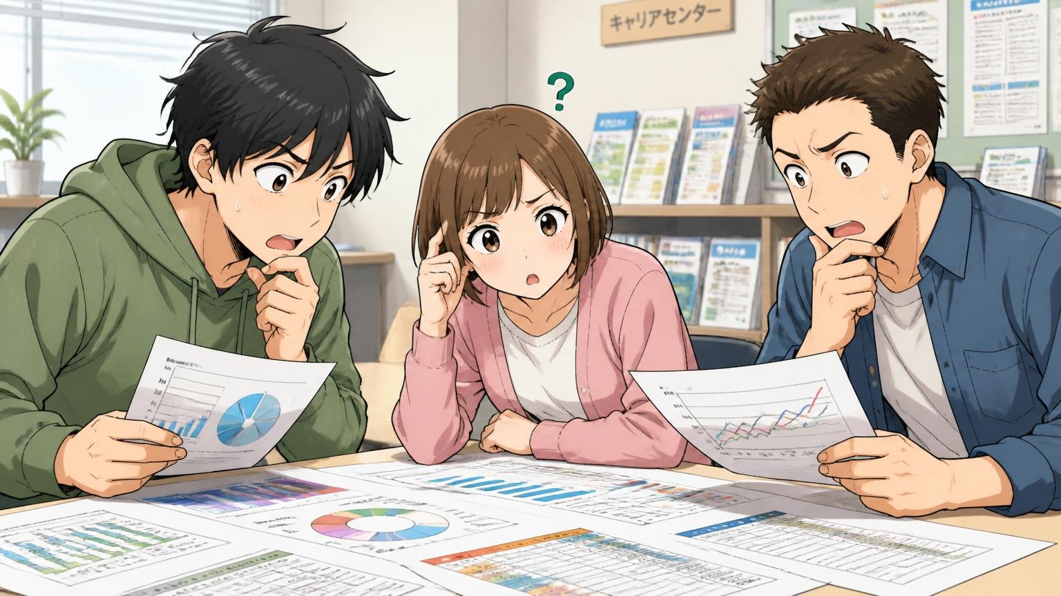 就職難易度のデータを見ながら首をかしげる就活生たち。大学のキャリアセンターで資料を広げる3人