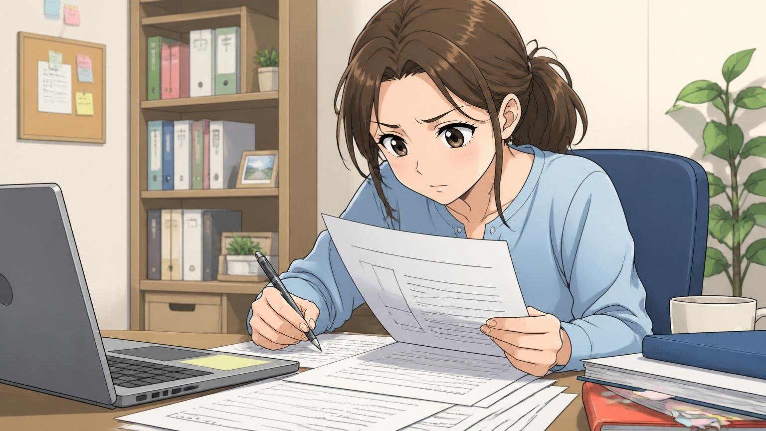 エントリーシートを書き直す応募者、自宅のデスクで書類とパソコンに向かう30代の女性1人