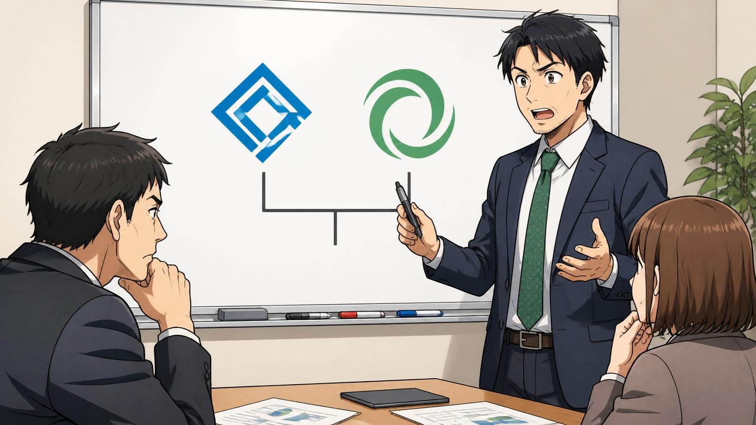 2社のロゴを示すホワイトボードの前で会社の成り立ちを説明する講師、企業の会議室、2人、真剣な表情