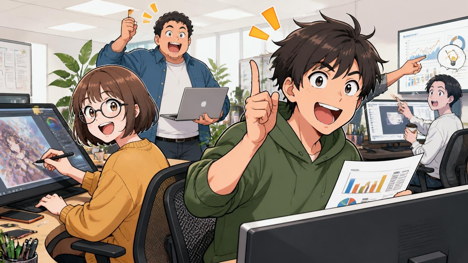Web系企業のオフィスで広告運用やデザインなど多様な業務に取り組む数名の社員