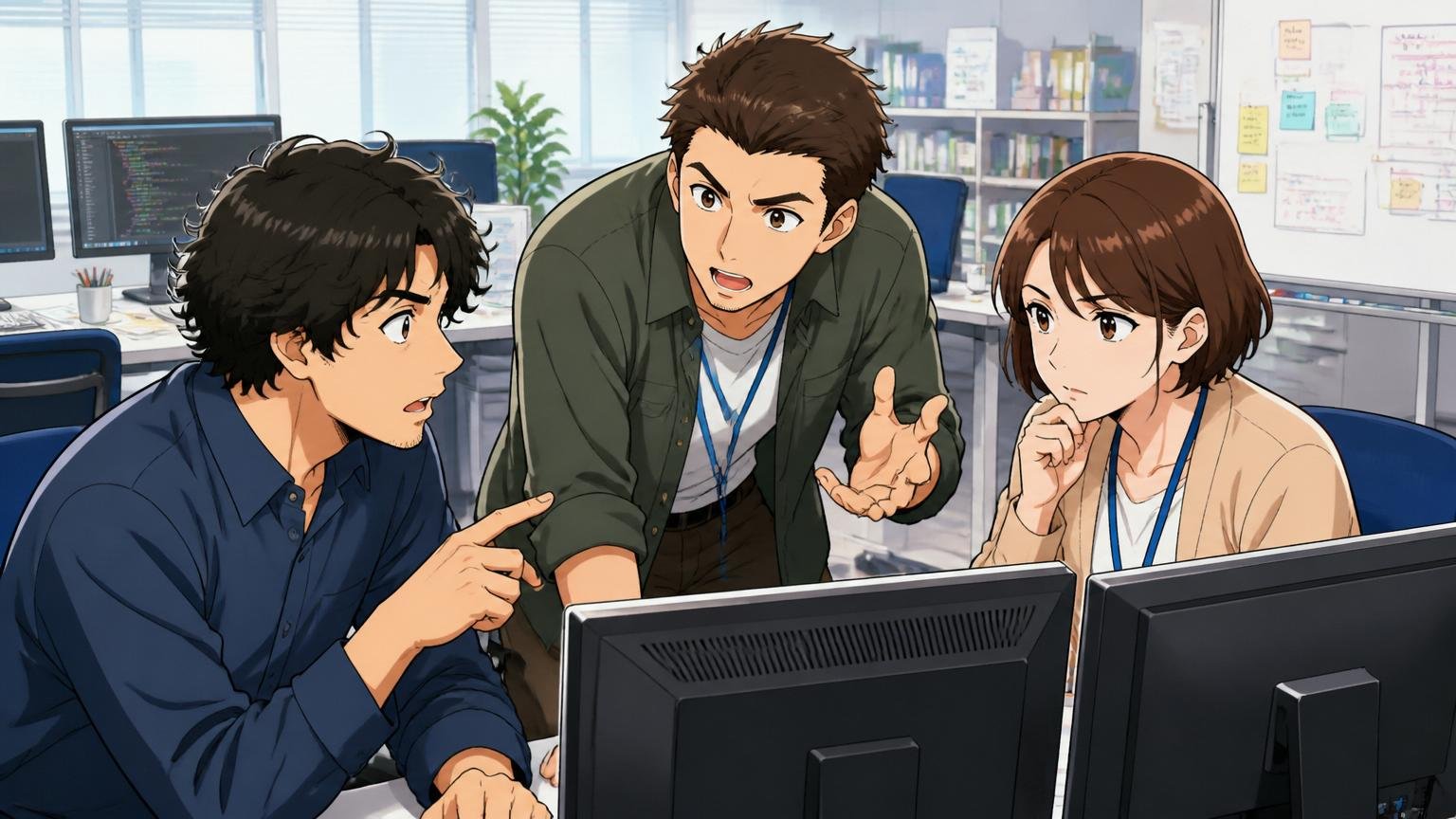 SIerの開発現場でモニターを囲み打ち合わせするIT社員たち、明るいオフィス、3人、真剣に話し合う表情