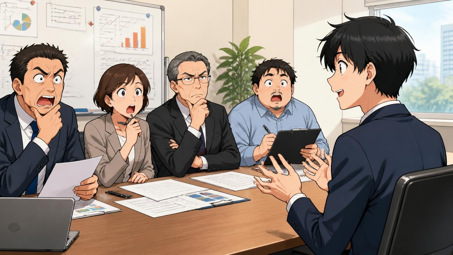 企業の会議室で面接を受けるデータサイエンティスト志望の男性と複数の面接官の場面