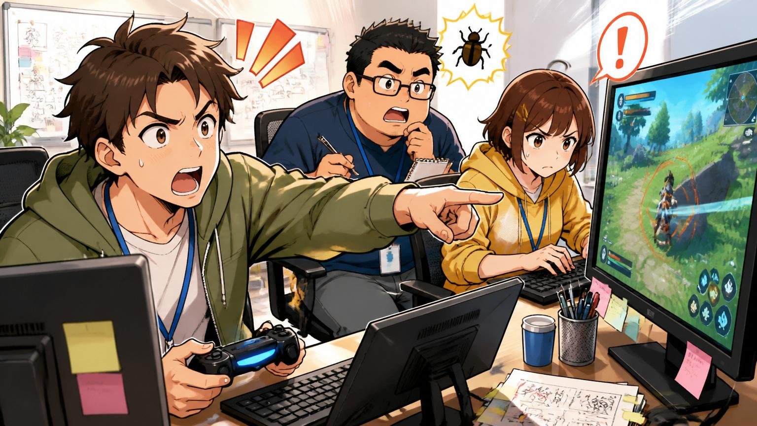 事業内容と業界ポジション。ゲーム会社のQA現場でデバッグ作業をする社員3人