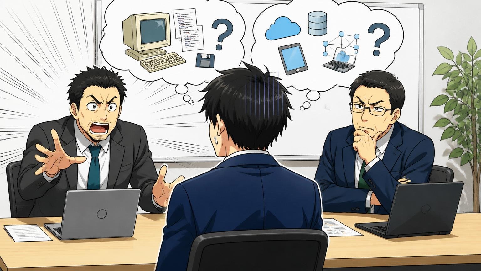 応募ポジションと経験のミスマッチ。IT企業の会議室で面接、応募者1人と面接官2人が向き合う場面