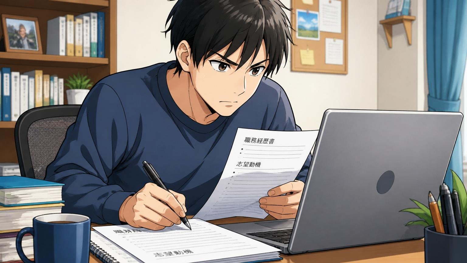 自宅のデスクで職務経歴書と志望動機を書き直す20代男性、真剣な表情でノートパソコンに向かう