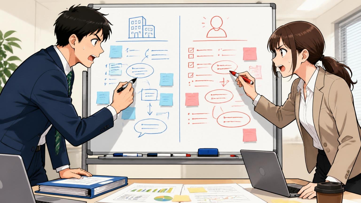原因を企業側と自分側に分ける。会議室でホワイトボードを2分割して整理する男女2人、真剣