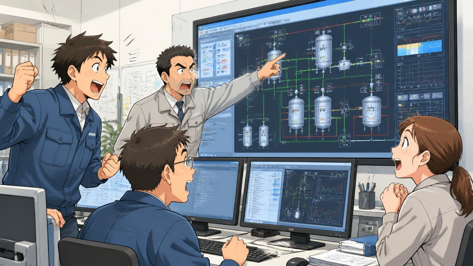 社会インフラを支える制御系SIerの開発現場。複数のエンジニアが大型モニターで制御システムを確認