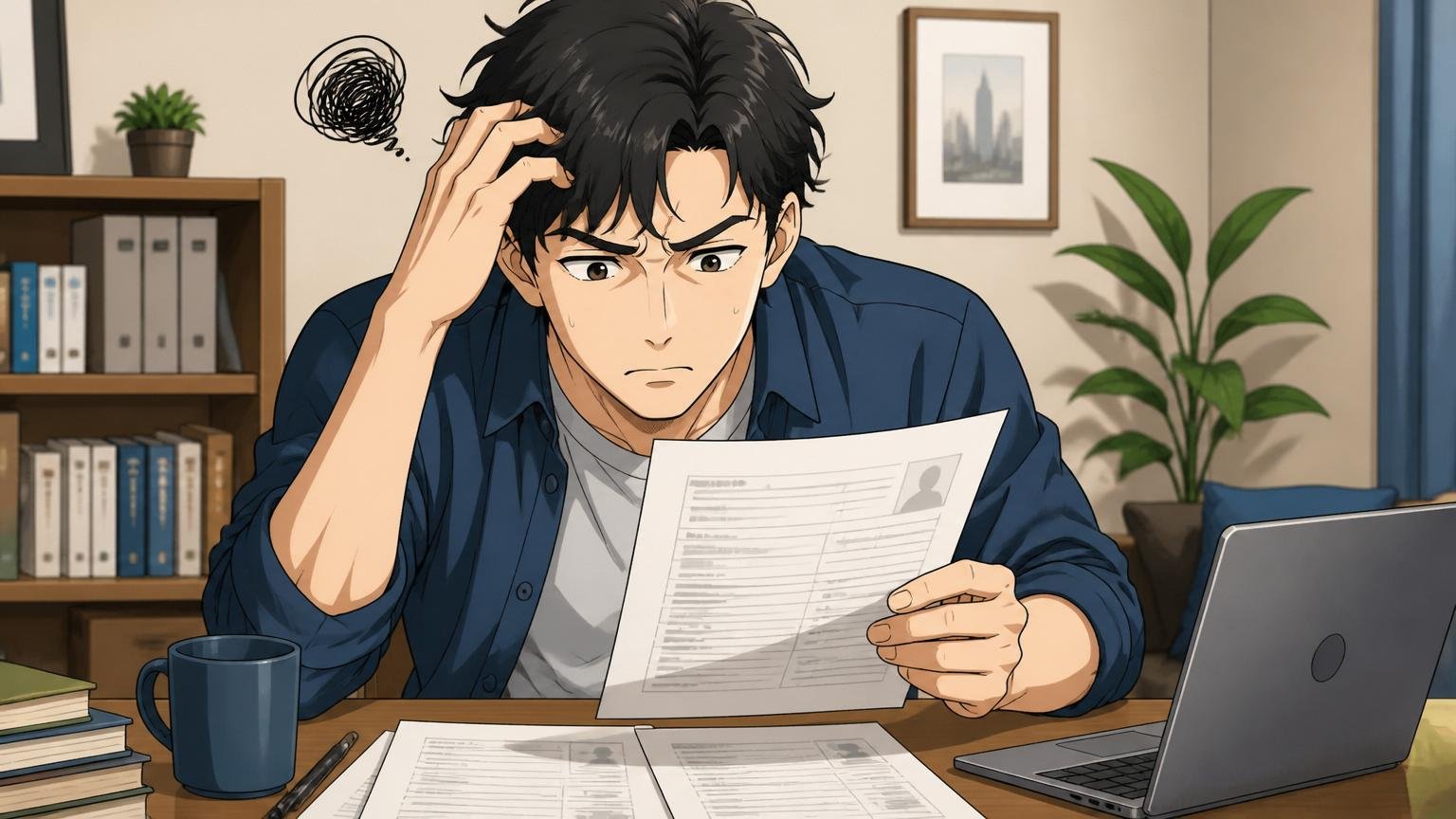 書類選考で落ちる理由。自宅で職務経歴書を見直す30代男性エンジニア1人、悩む表情