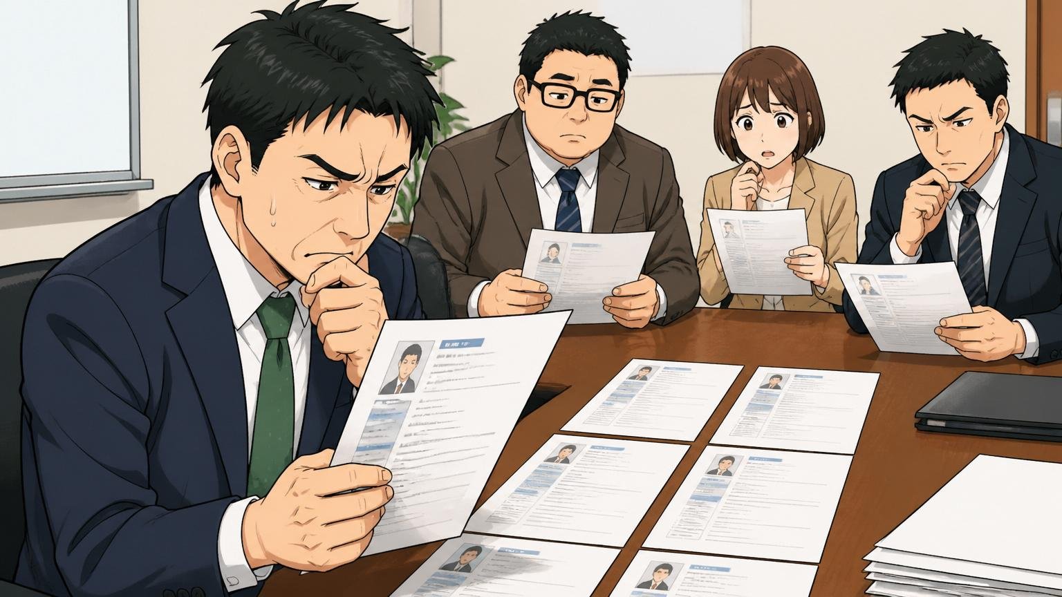 書類・適性検査で落ちた場合。企業の人事が職務経歴書を見比べて選別する、オフィスの会議室で1人が書類を手に難しい表情