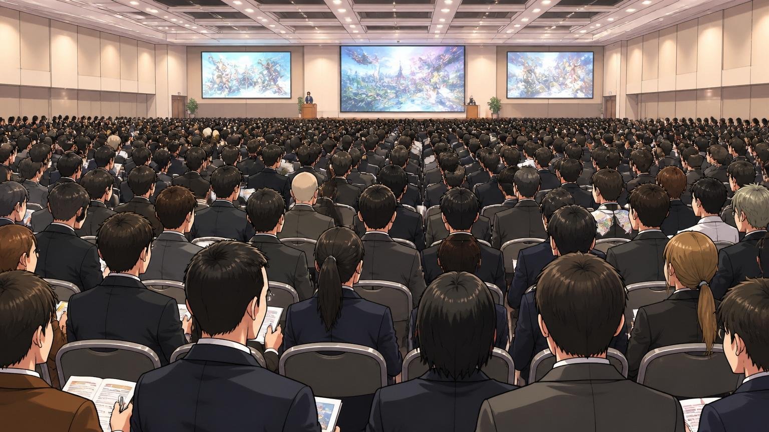 ゲーム会社の大きな会社説明会の会場に、スーツ姿の大勢の応募者が詰めかけ席をびっしり埋めている様子を後方から見た光景