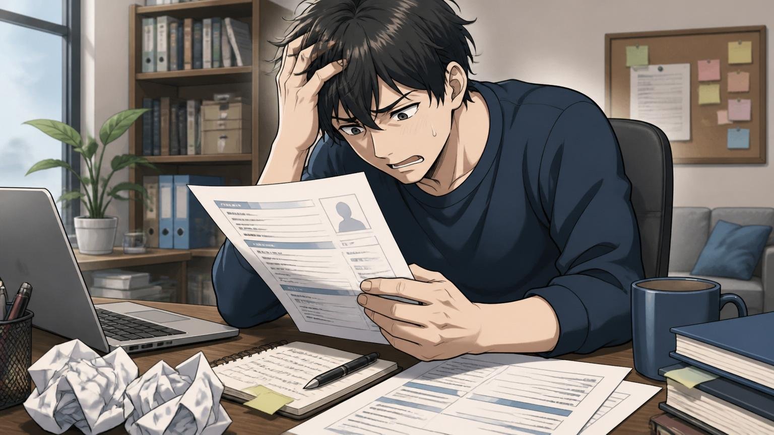 書類選考で落ちた場合に考えられること。自宅のデスクで職務経歴書を見直す30代男性エンジニアが落胆する