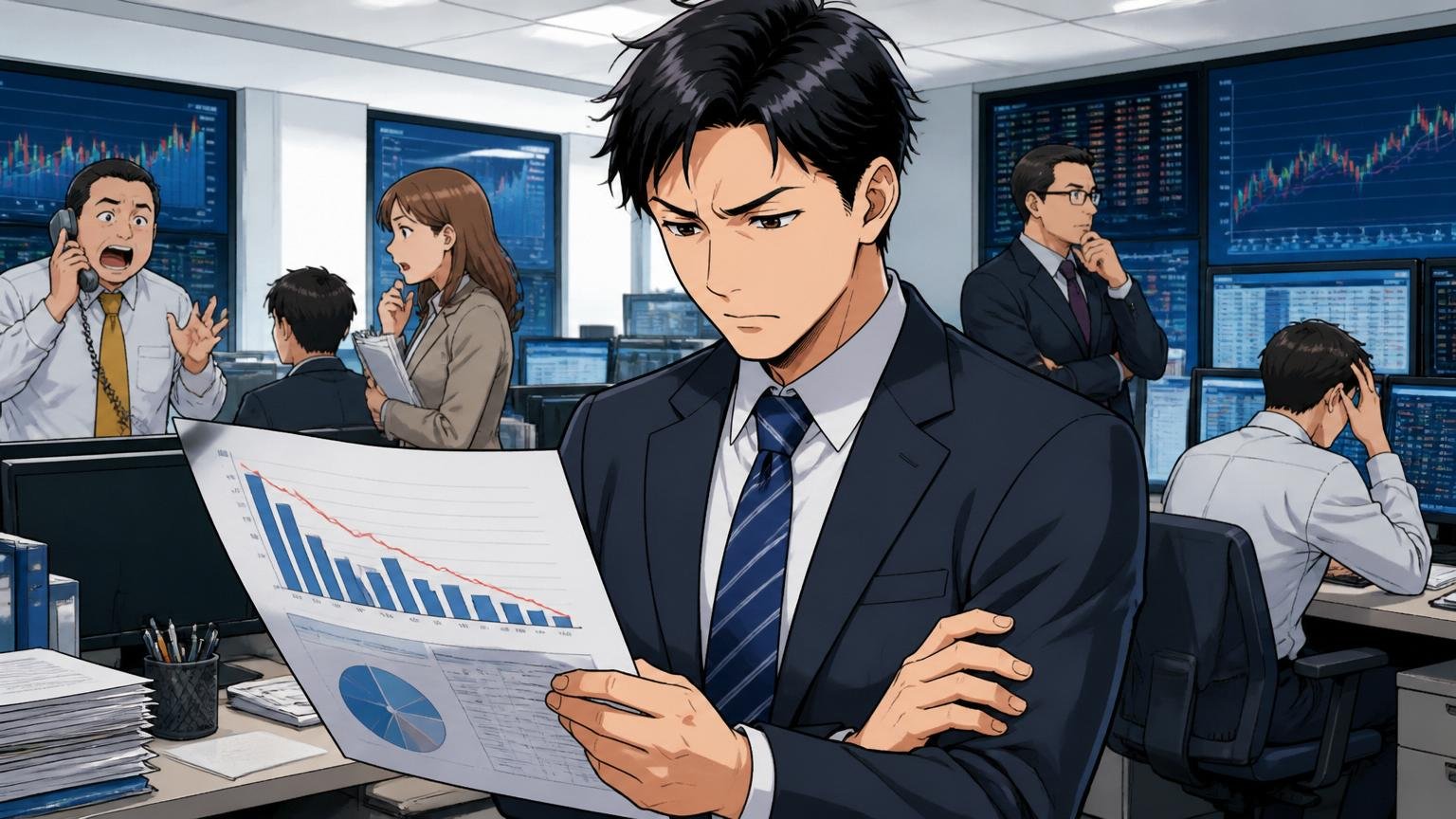 投資銀行のフロアで採用倍率の資料を手に腕を組み難しい表情で考え込む30代男性会社員