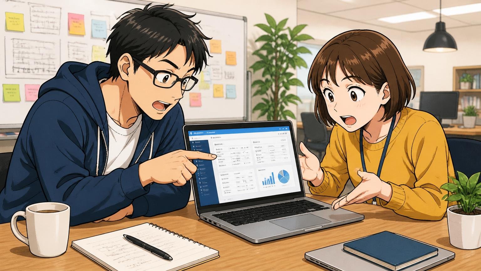 Web系SaaS企業のオフィスで、ノートPCを開いてfreee会計の画面を確認しながらユーザー視点で議論する2人のプロダクトマネージャー