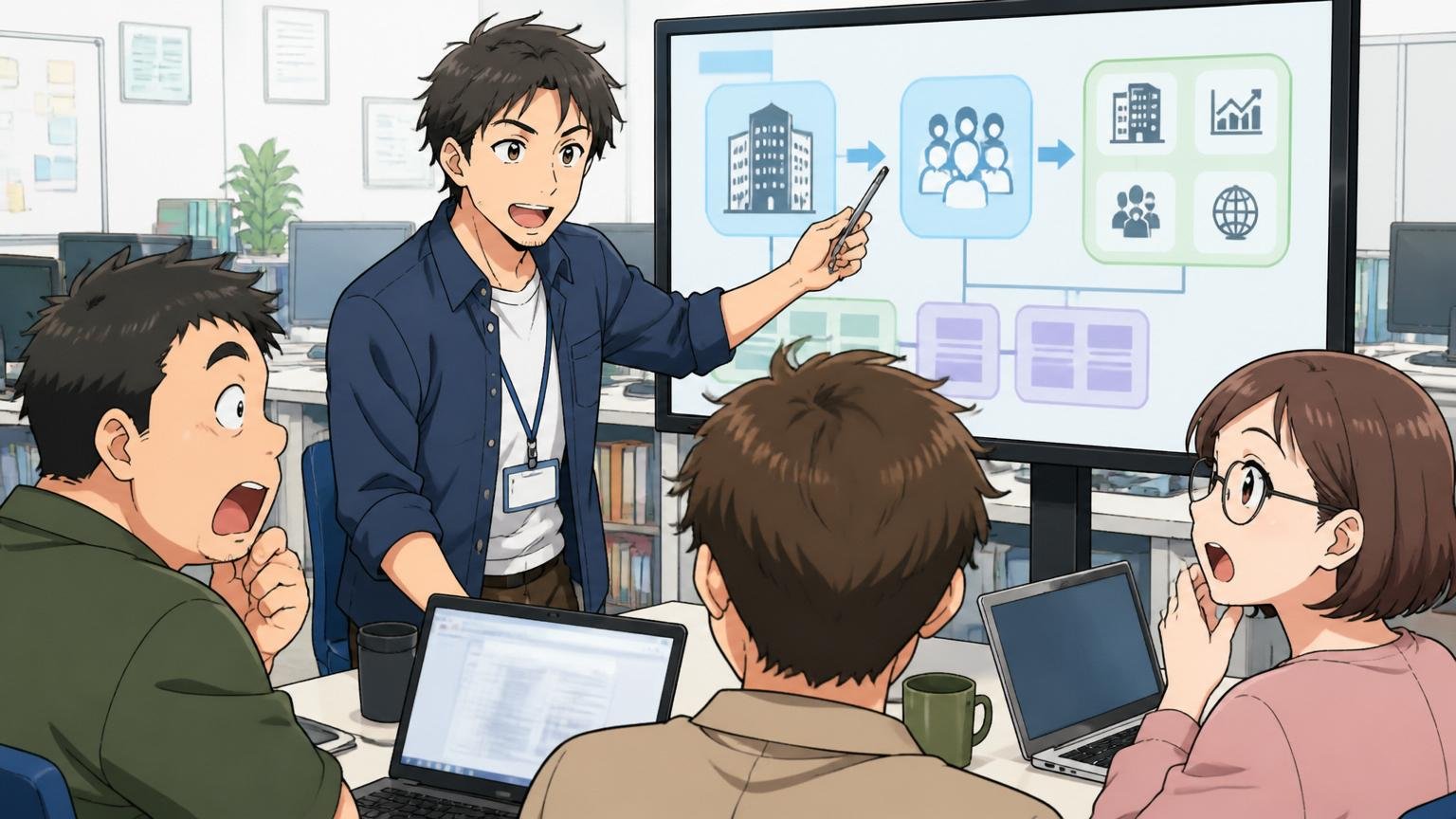 会社概要とNRIグループとの関係 SIerの開発現場で資料を見ながら説明する中堅エンジニア