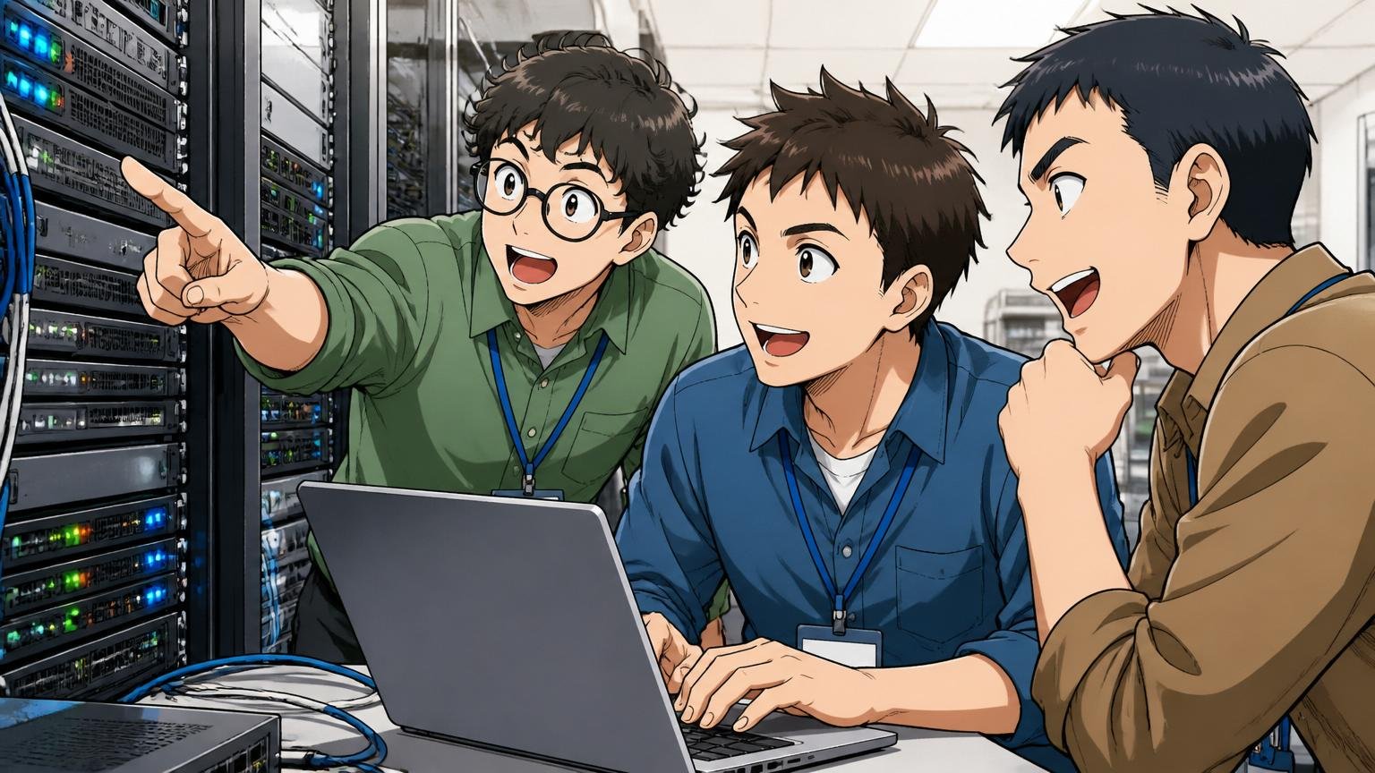セキュリティと基盤技術の集約会社という成り立ち。SIerの開発現場でサーバーを前に話す3人のエンジニア