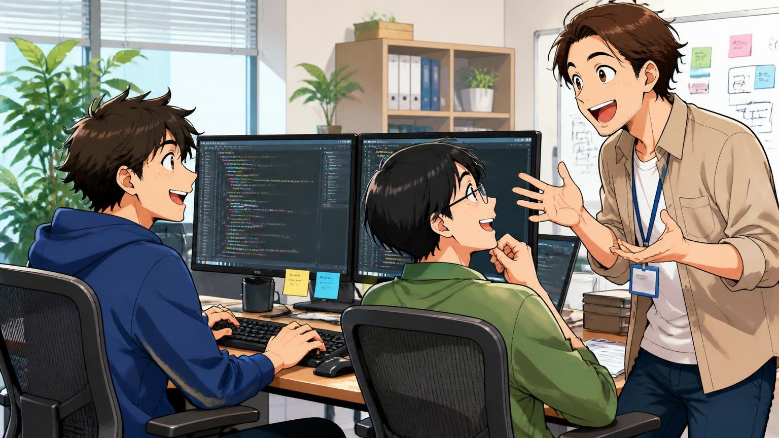 自社開発SaaS企業のオフィスでデュアルモニターに向かいコードを書く30代エンジニア2人と笑顔で打ち合わせする様子