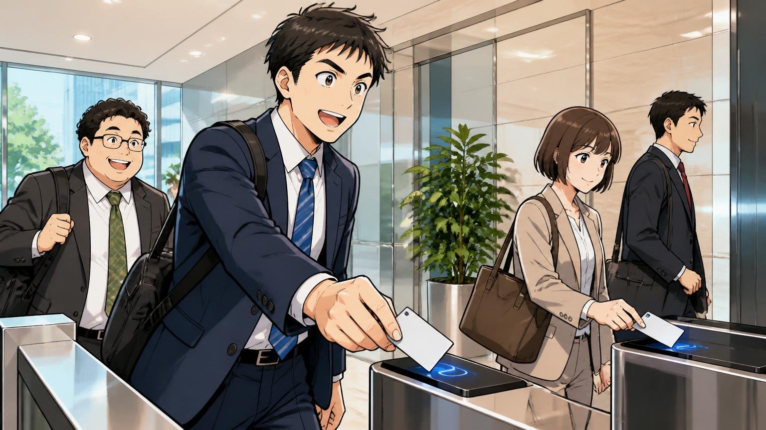 金融機関向けSIerのオフィスエントランスで朝の出社風景、スーツ姿の30代男女エンジニア数名がカードキーをかざして入場する。