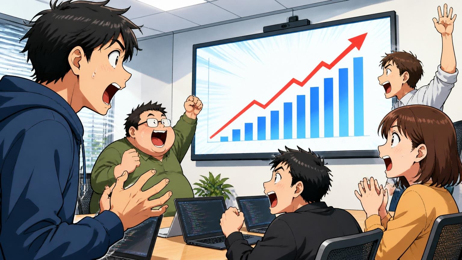 売上の伸びに驚くエンジニア｜IT企業の会議室で複数人が右肩上がりのグラフを見て歓声をあげる